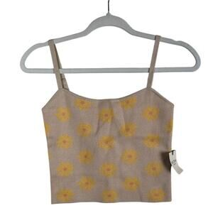 NWT Women's Beige Tank Top Sunflowers Crop Top Adjustable Strap Small